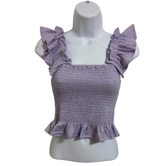MIOU MUSE NEW Lavender Smocked Ruffle Square Neck Crop Top Cottagecore Size S - Picture 2 of 10